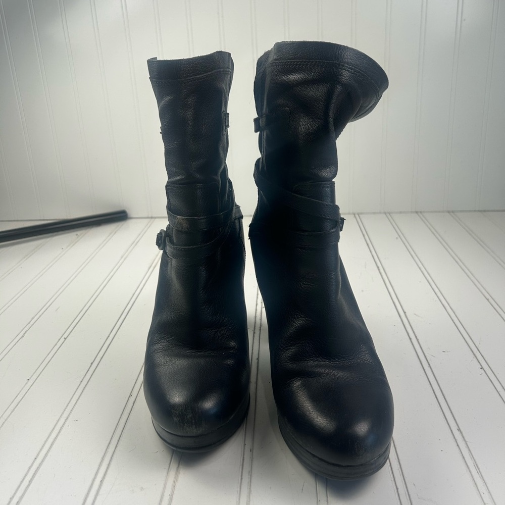 UGG Black Olivia Leather Sheepskin High-Heel Platform Boots  Women’s Size 8 - Picture 2 of 12